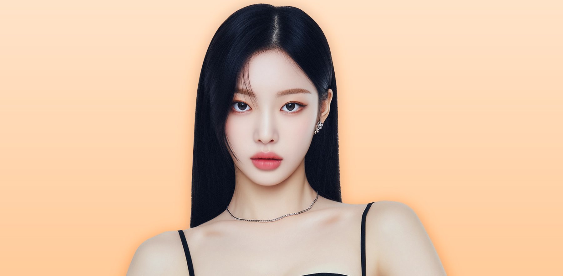 긴 생머리의 여성 모델 정면 상반신(검정 끈 원피스, 살구빛 그라데이션 배경)