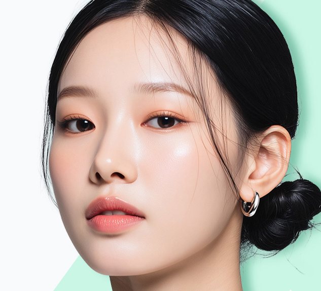 단정하게 묶은 머리의 여성 모델 정면 상반신(민트·연회색 배경) — 원본 상단 비주얼 오른쪽 사진