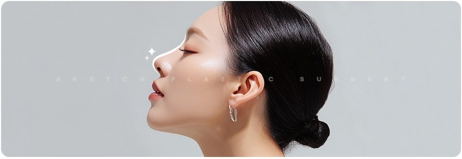 머리를 묶은 여성 옆얼굴 프로필(회색 배경, 콧등 라인에 흰 선·반짝임 그래픽)