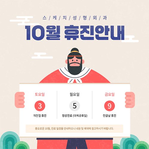 스케치성형외과 10월 휴진안내 팝업(갓 쓴 선비 캐릭터가 달력 판을 든 그림)
